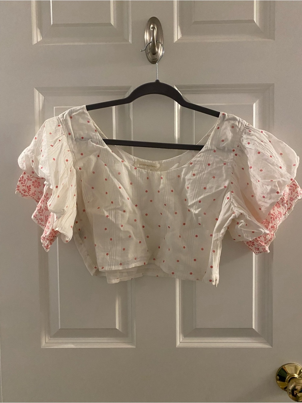 Love Shack Fancy Women's White Crop Blouse with Pink Dot Puff Sleeves